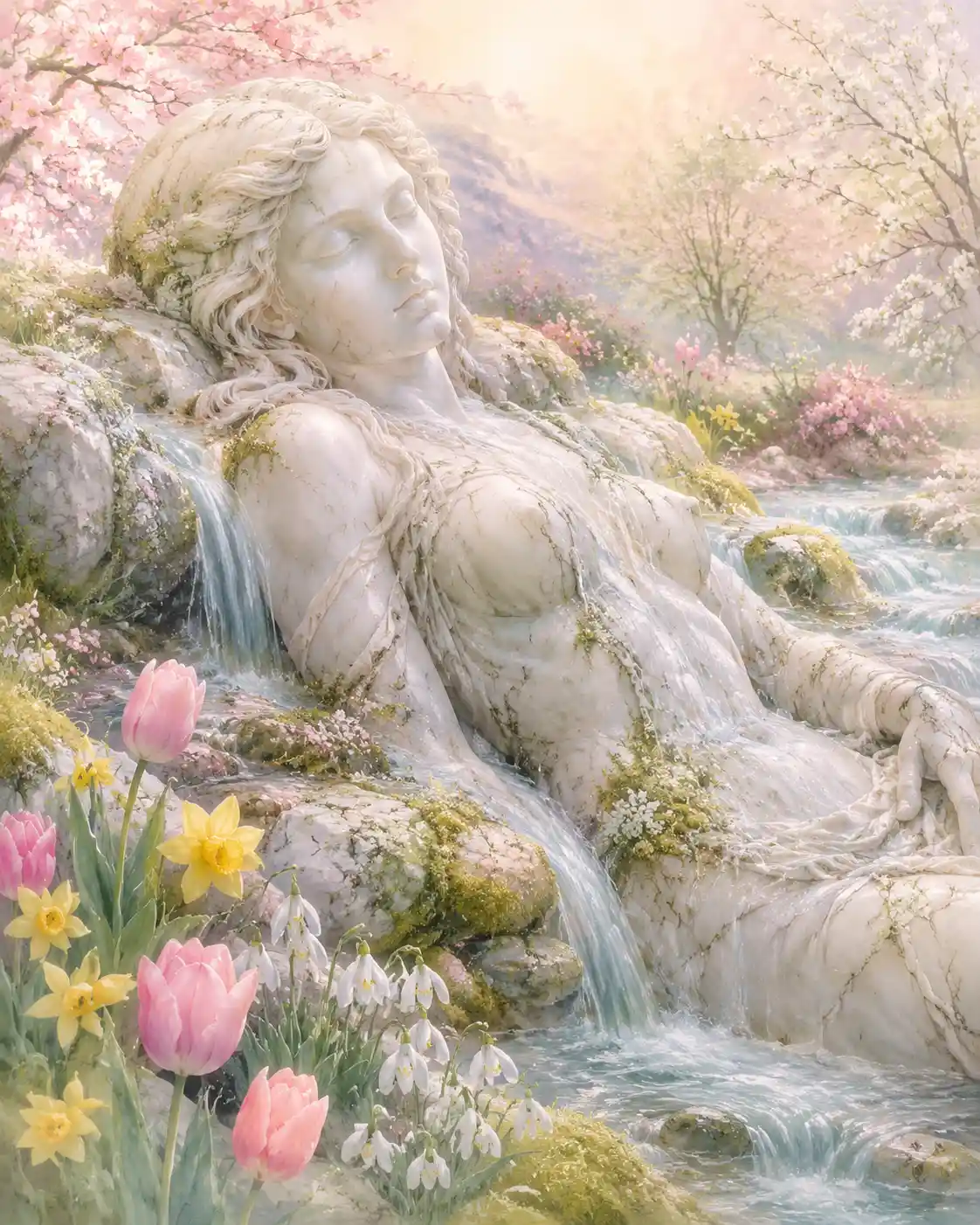 Marble Mother Nature Statue In A Serene Spring Stream