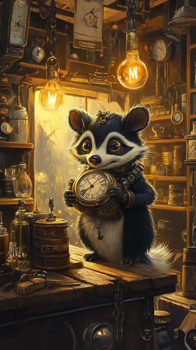 Whimsical skunk clockmaker in a cozy steampunk workshop