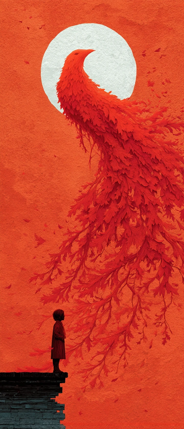 Anime phoenix rising toward the sun in vertical flames