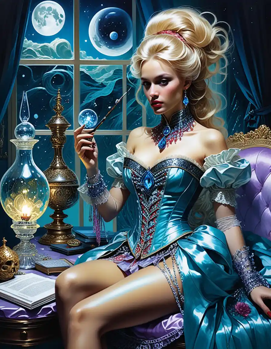 Blonde sorceress cataloguing glowing relics in opulent study