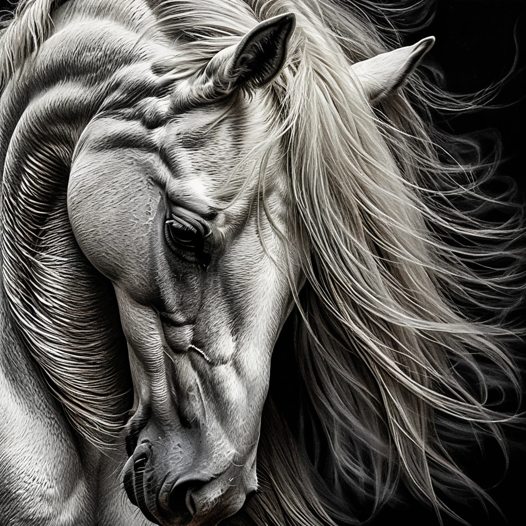 White arabian horse close up in dramatic scratchboard portrait