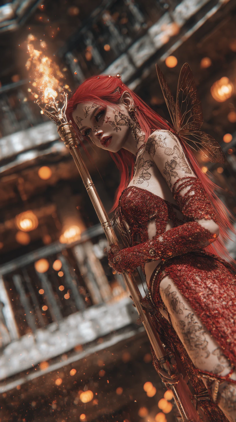 Eerie hybrid woman with flaming staff on dark balconies