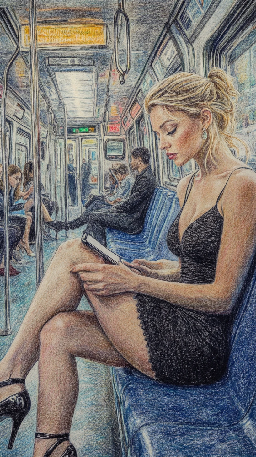Elegant woman on subway lost in her smartphone