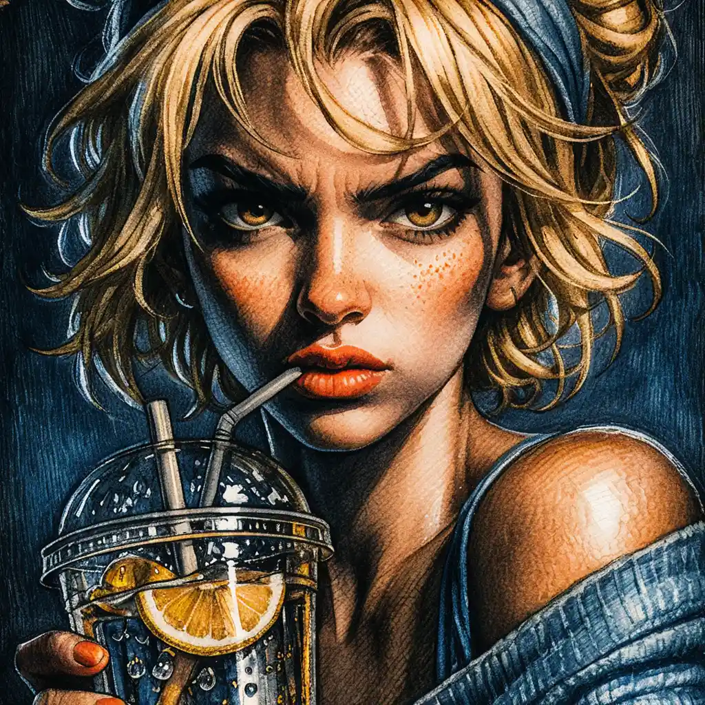 Defiant girl portrait with lemonade on dark dramatic background