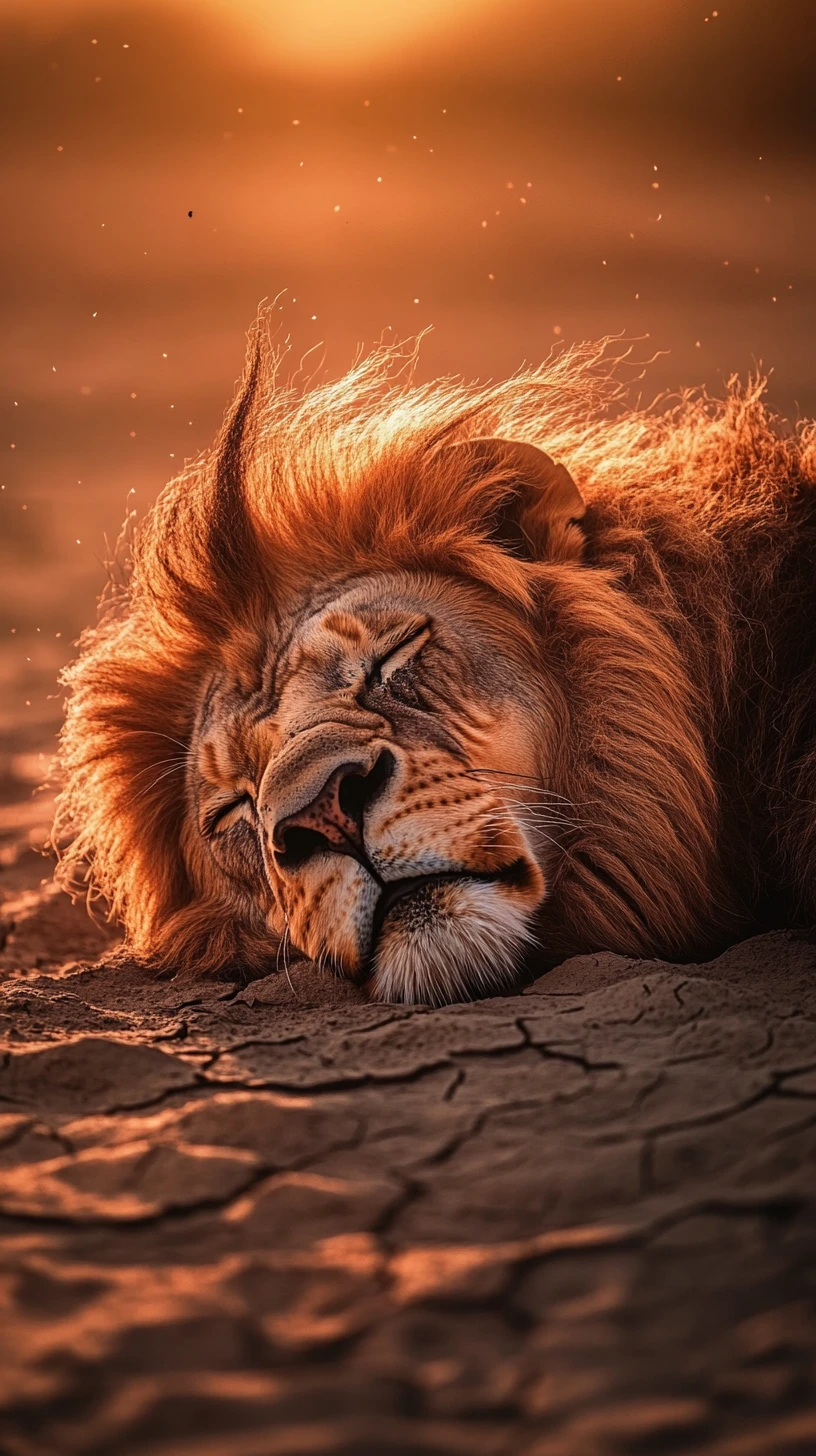 Lion dissolving into drifting ash on cracked ground