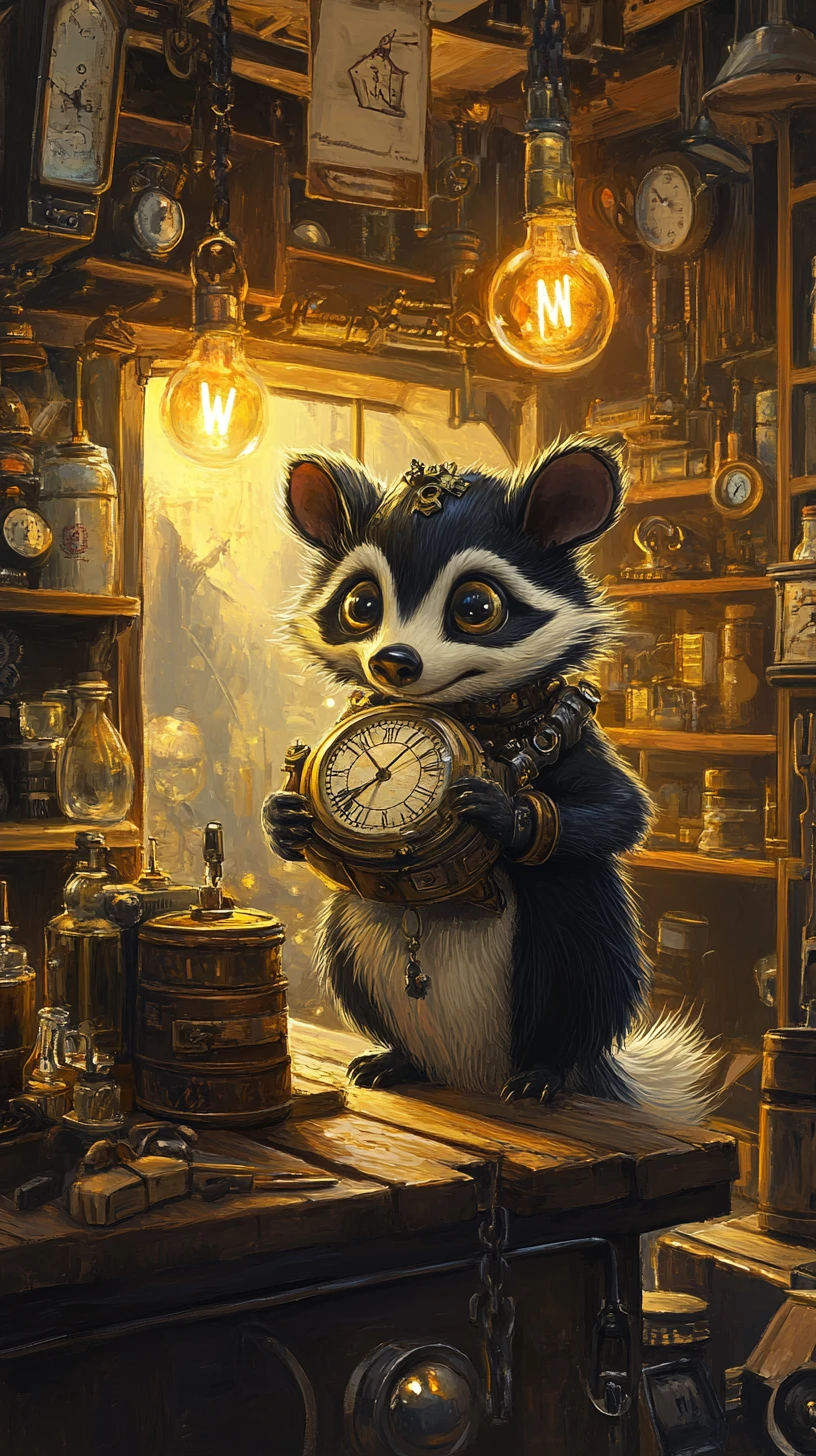 Whimsical skunk clockmaker in a cozy steampunk workshop