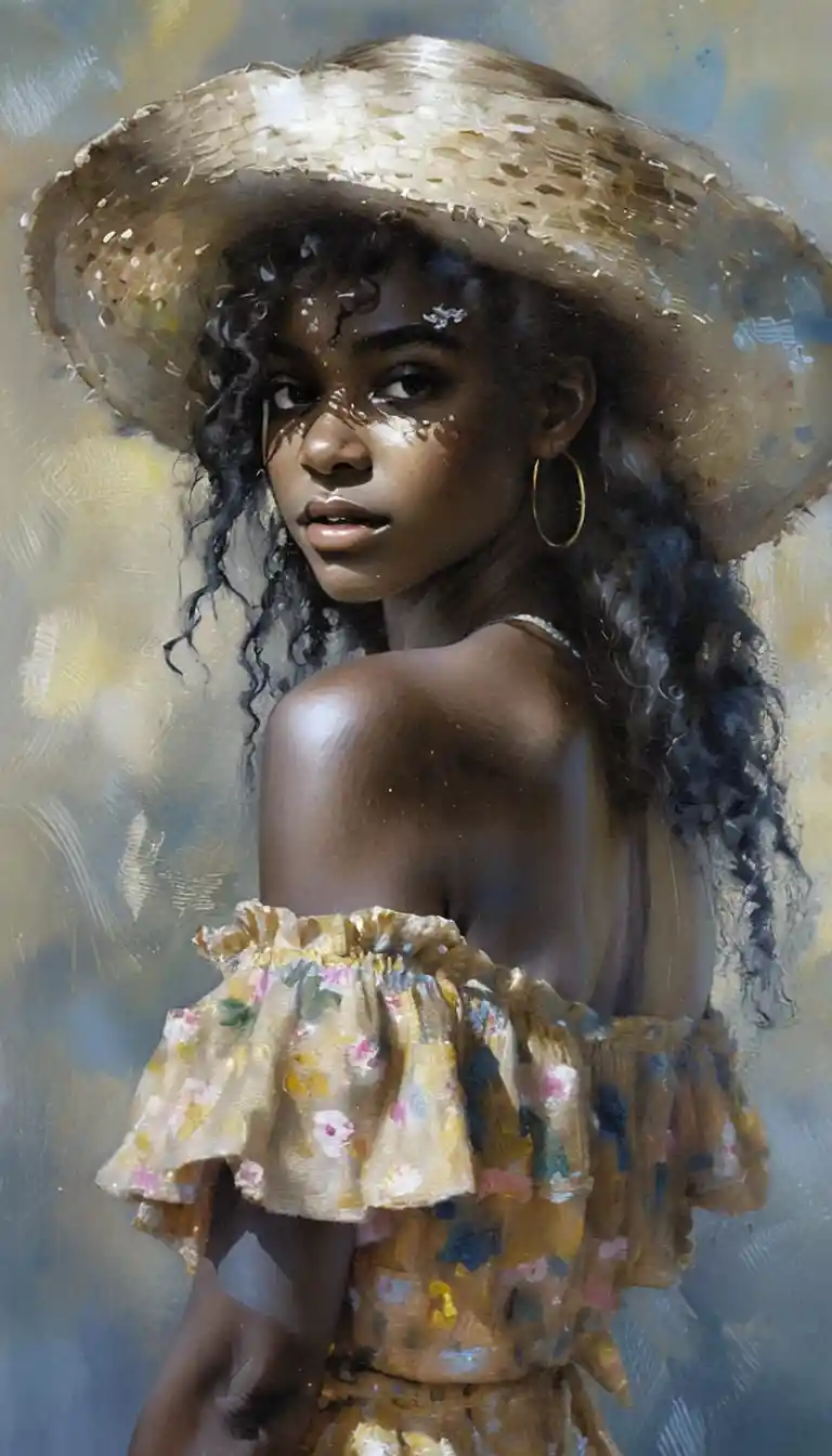 Young woman in straw hat turning back over shoulder