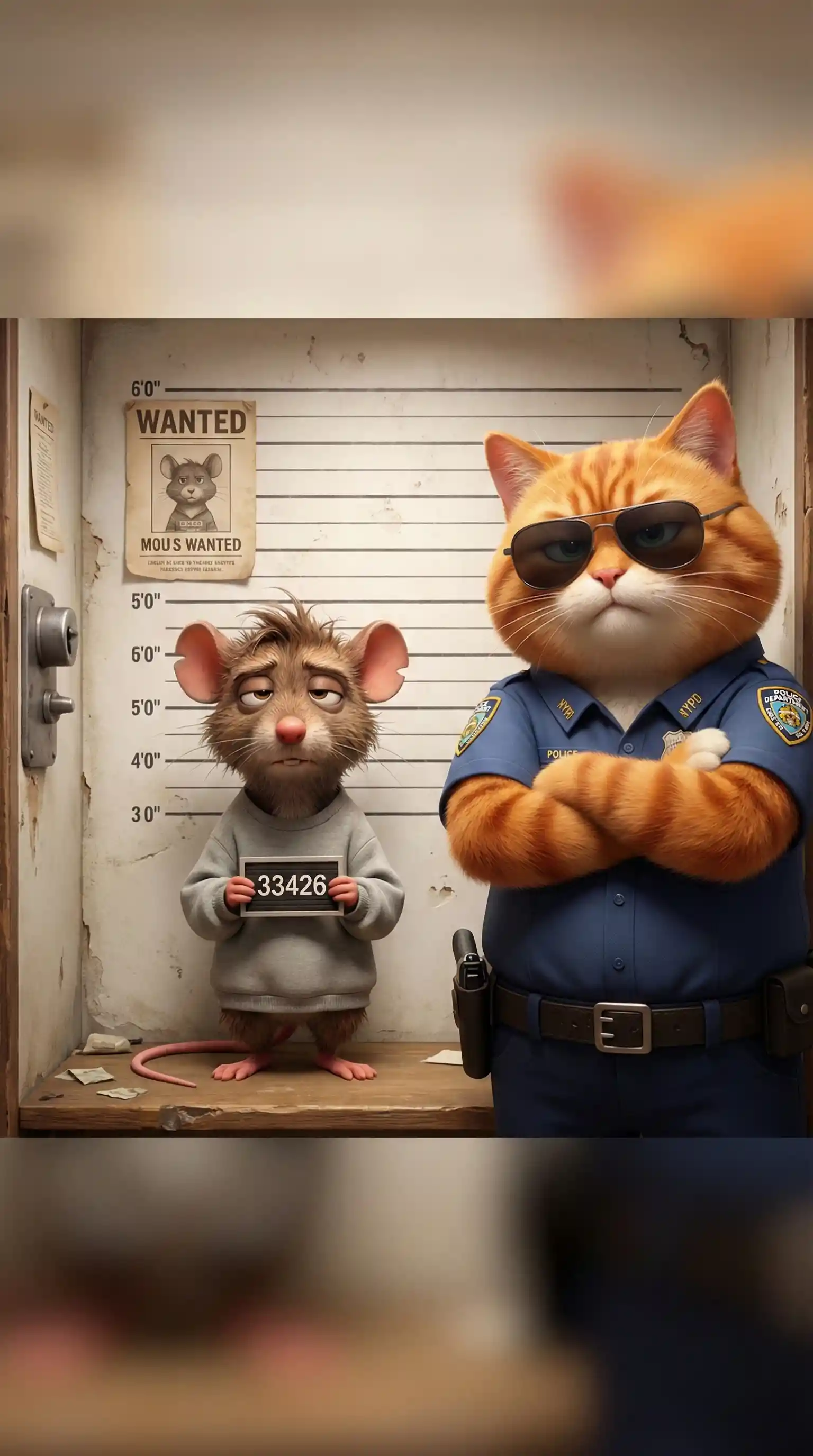 Pixar style 3D cat cop with mouse mugshot scene