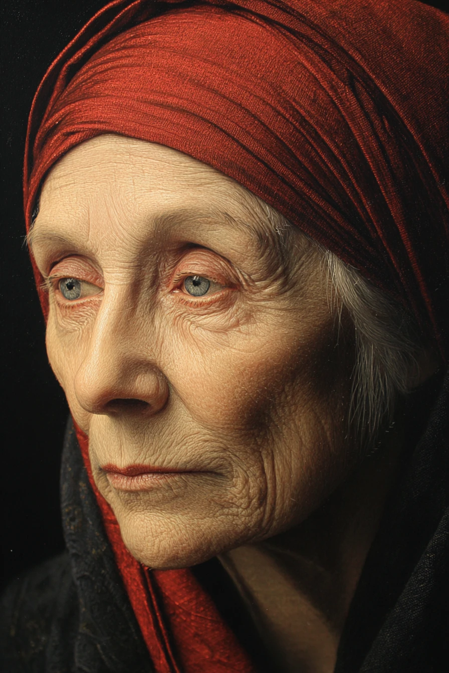 Elderly woman in contemplative oil painting of fading care