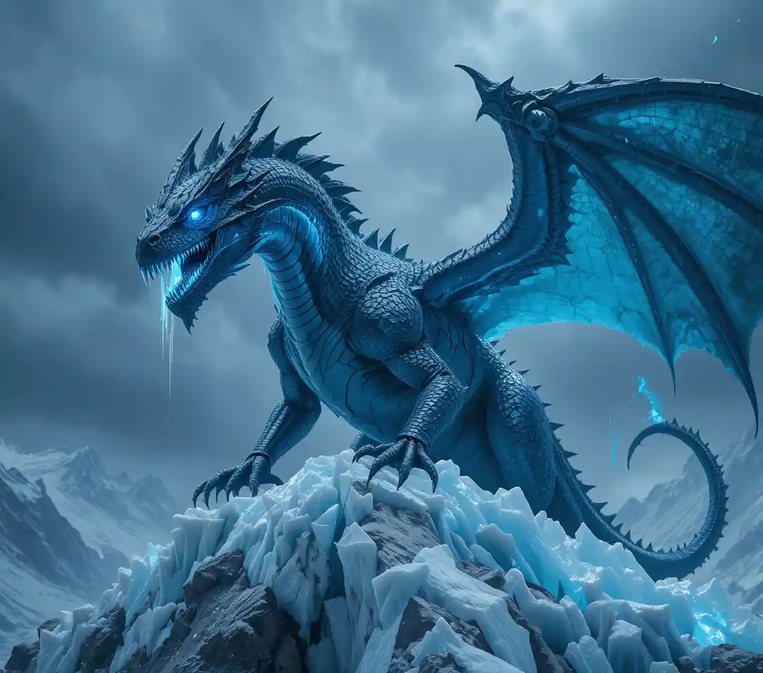 Ancient Blue Dragon On A Shattered Frozen Mountain Peak