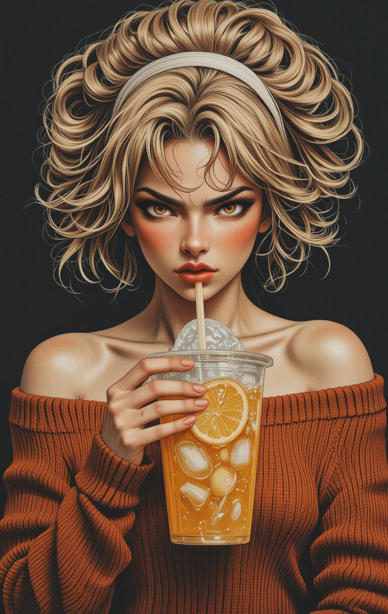 Defiant girl portrait with lemonade and fierce direct gaze