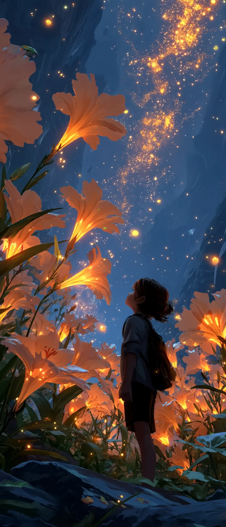 Niño de anime en campo de espíritus luminoso y fantástico