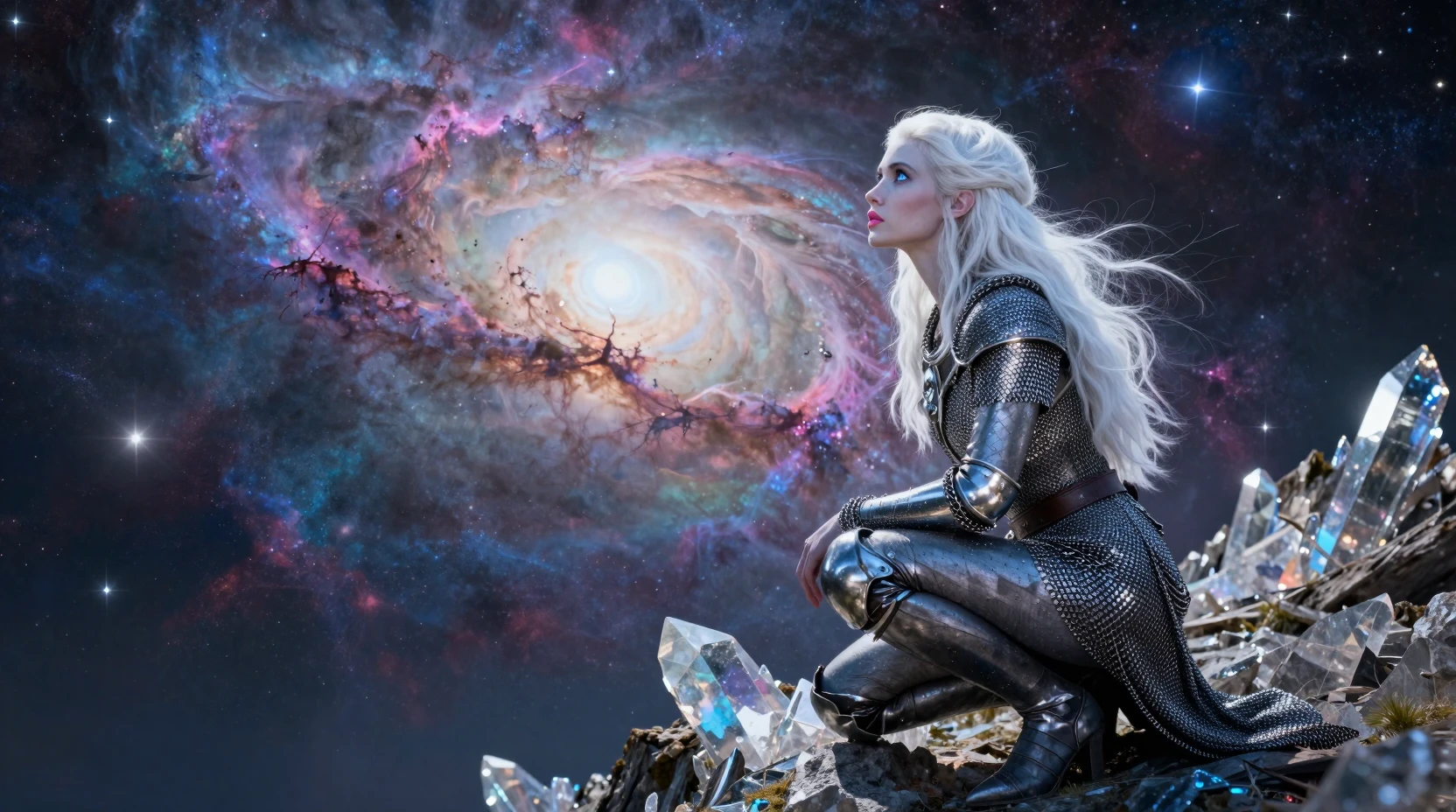 Alien woman on crystalline peak under swirling nebula sky