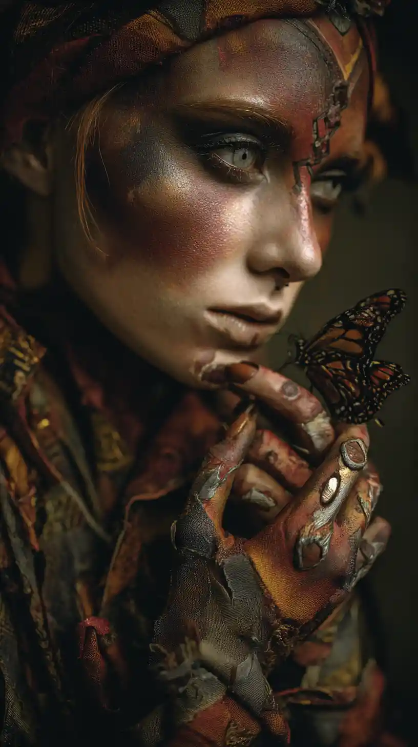 Otherworldly red skinned woman in tattered stylish outfit