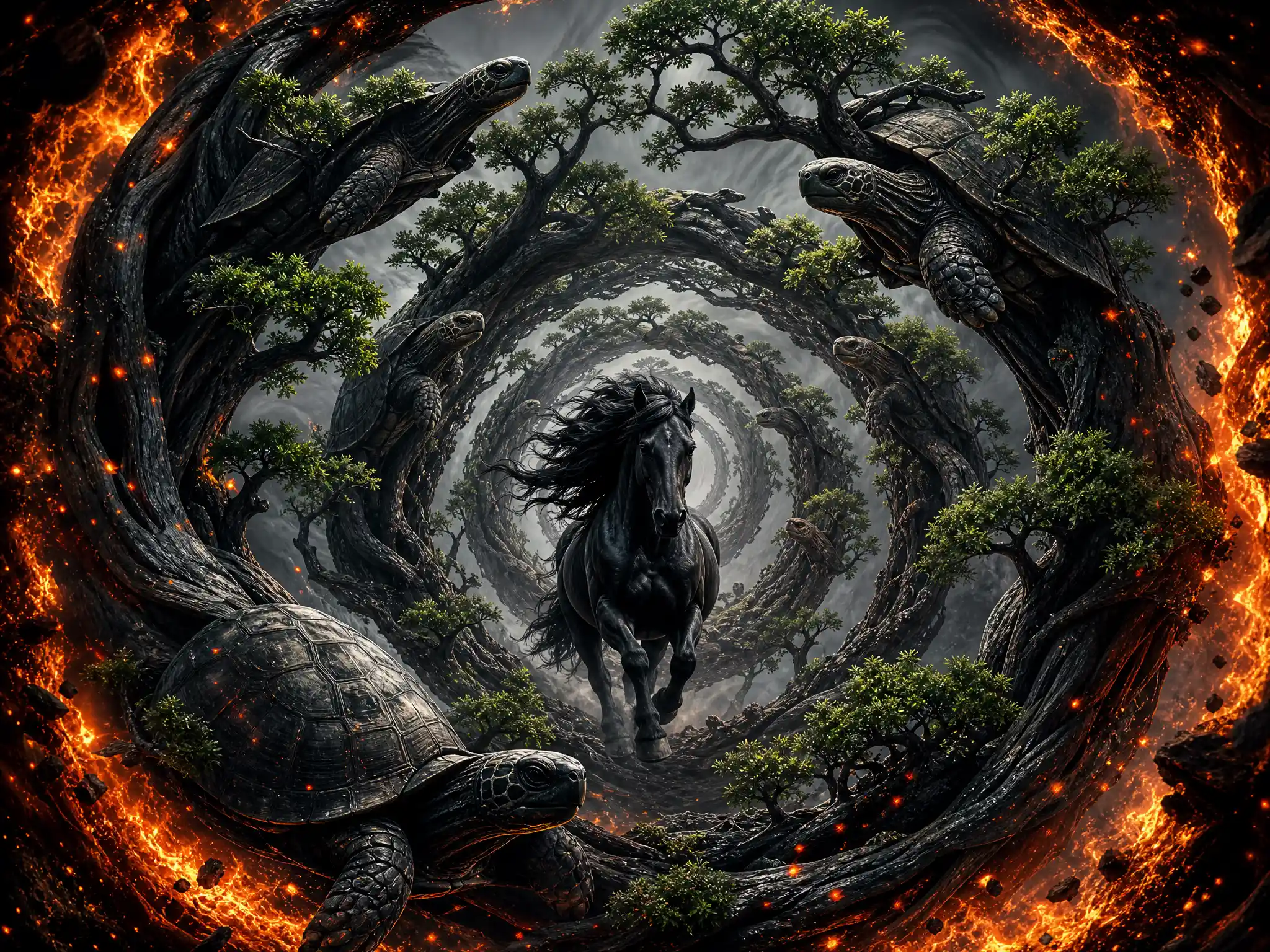 Majestic black horse in a spiral of surreal trees