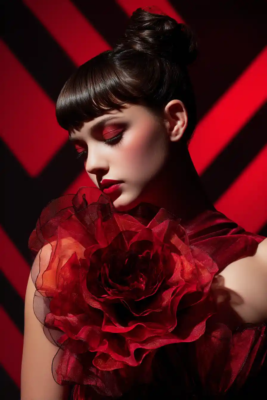 Glamorous woman portrait with ruby glass flower