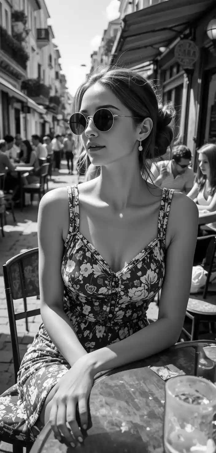 Young woman in sunglasses at a sunny outdoor cafe