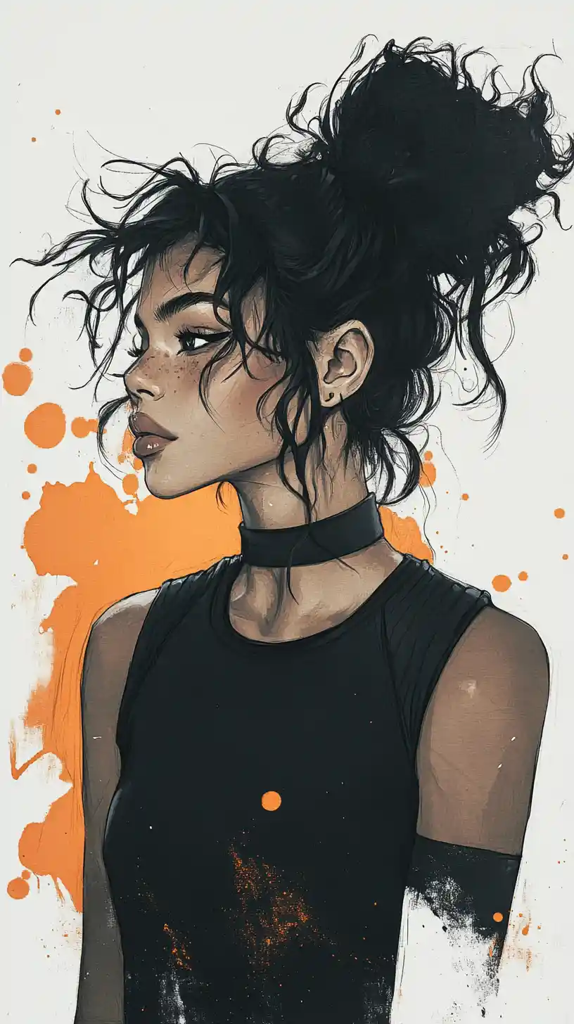 Fierce young woman in tactical jacket ink portrait