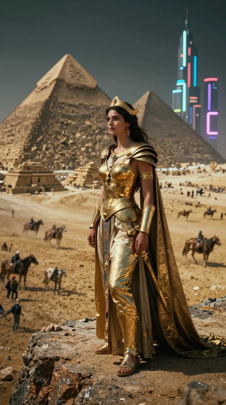 Mythic warrior queen on cliff above neon lit battlefield