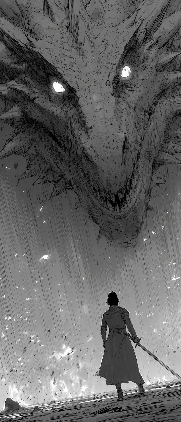 Lone anime warrior facing a colossal dragon overhead