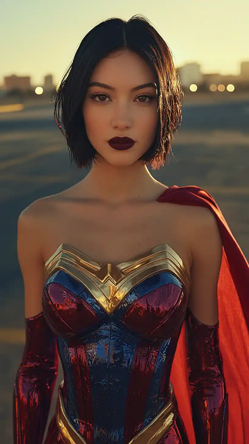 Powerful couture heroine in glowing urban sunset parking lot
