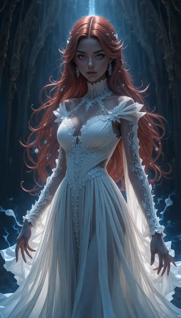 Ethereal dark skinned anime girl in spectral flowing dress