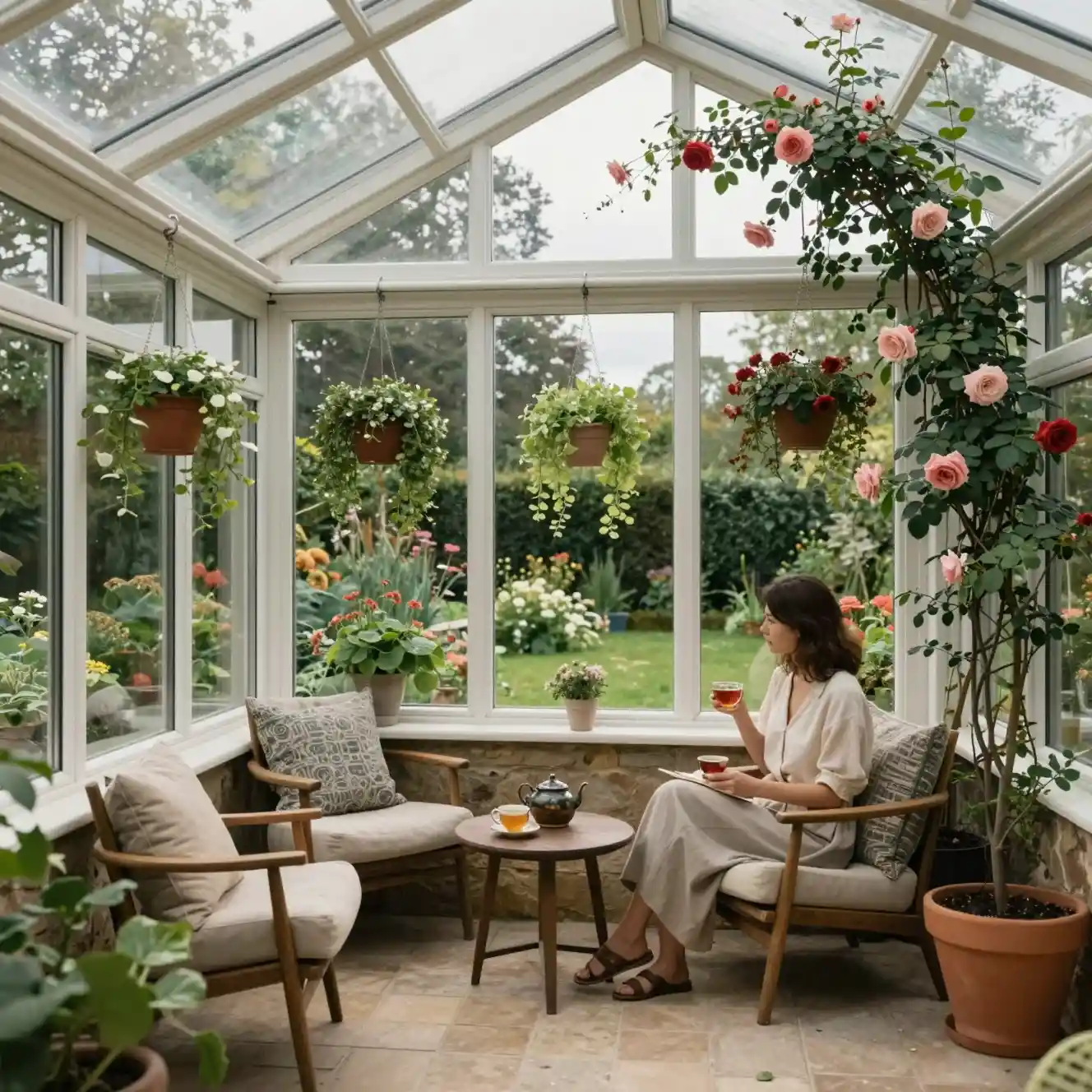 Glass conservatory lounge with woman enjoying garden view
