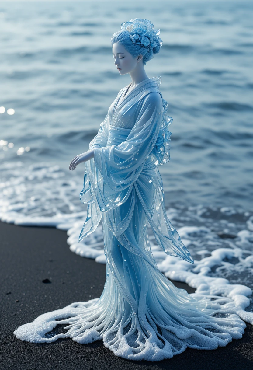 Translucent geisha glass statue beside a dark sand beach
