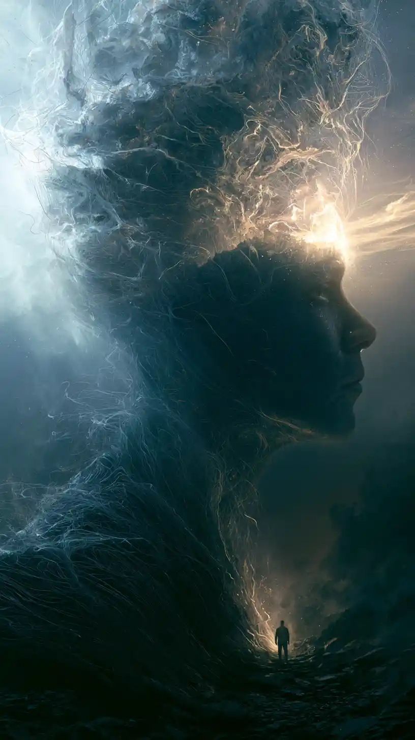 Surreal figure dissolving like ash in a dark void