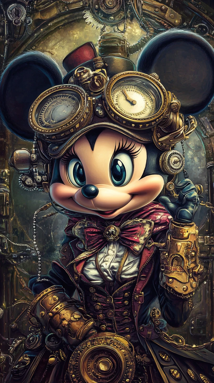 Gloomy steampunk mouse character before ancient castle ruins