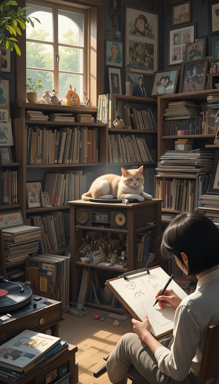 Cozy room with vinyl records and a sleeping cat