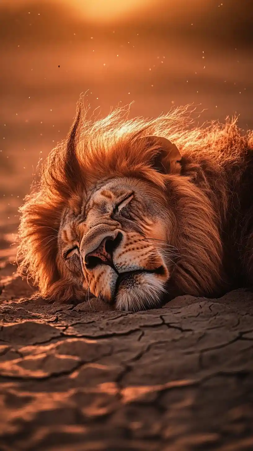 Lion dissolving into drifting ash on cracked ground