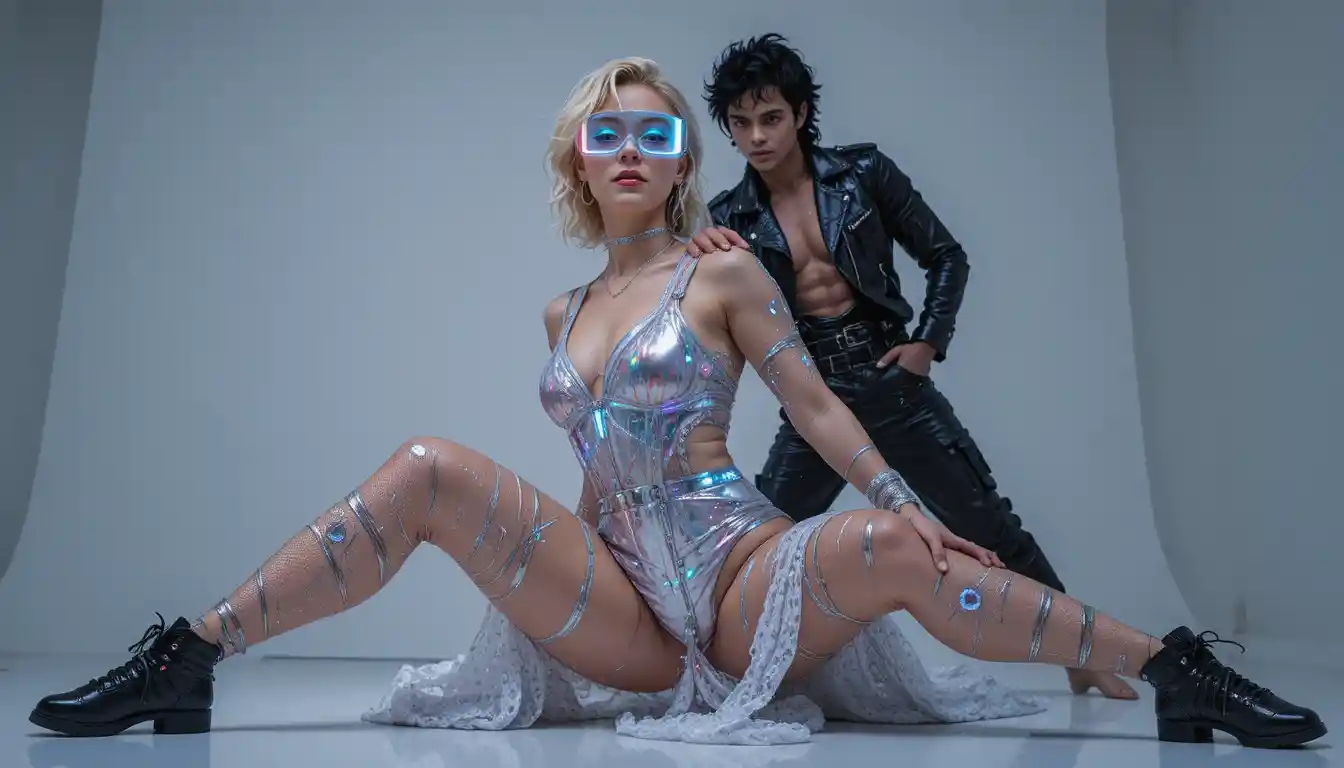 Cyberpunk fashion woman in studio low angle portrait