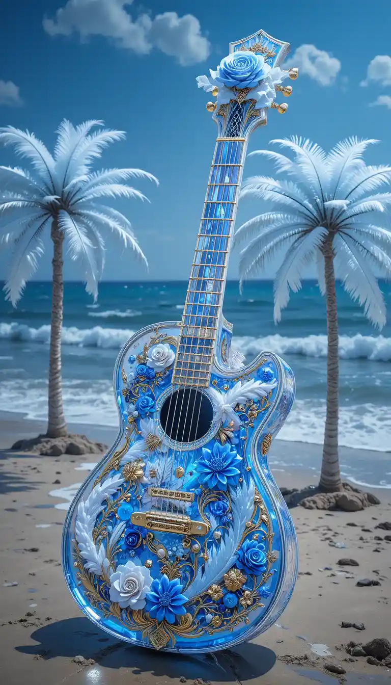 Crystal electric guitar with ocean backdrop and feathered details