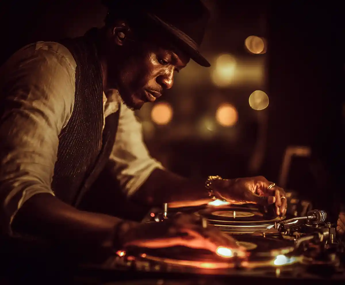 DJ afro house che mixa ai giradischi con le luci al neon della città