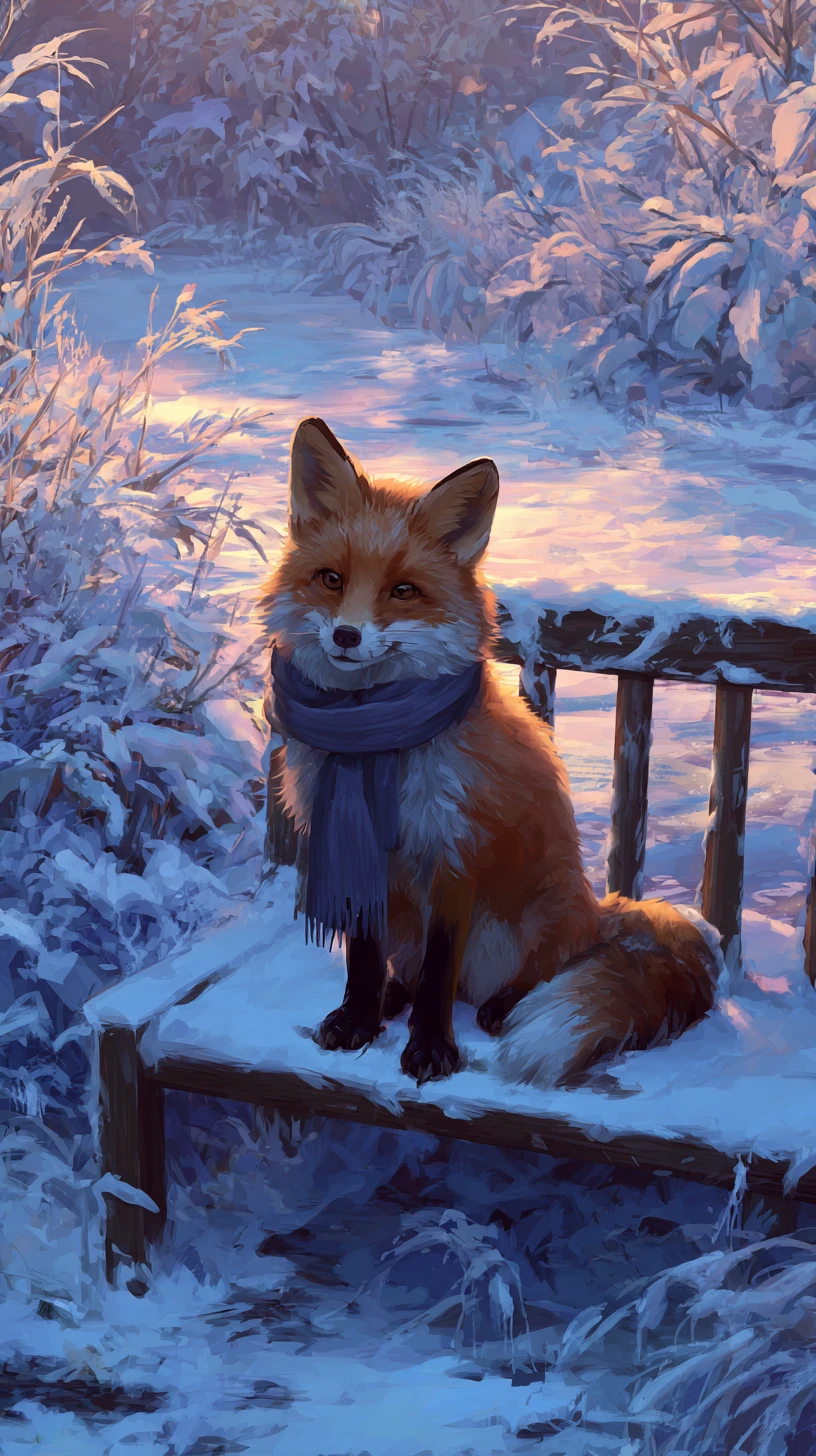 Smiling fox with scarf on a snowy park bench