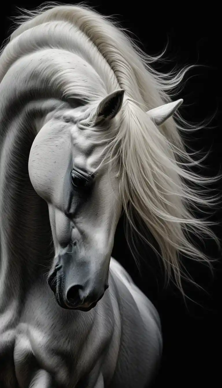White Arabian horse portrait in dramatic scratchboard style