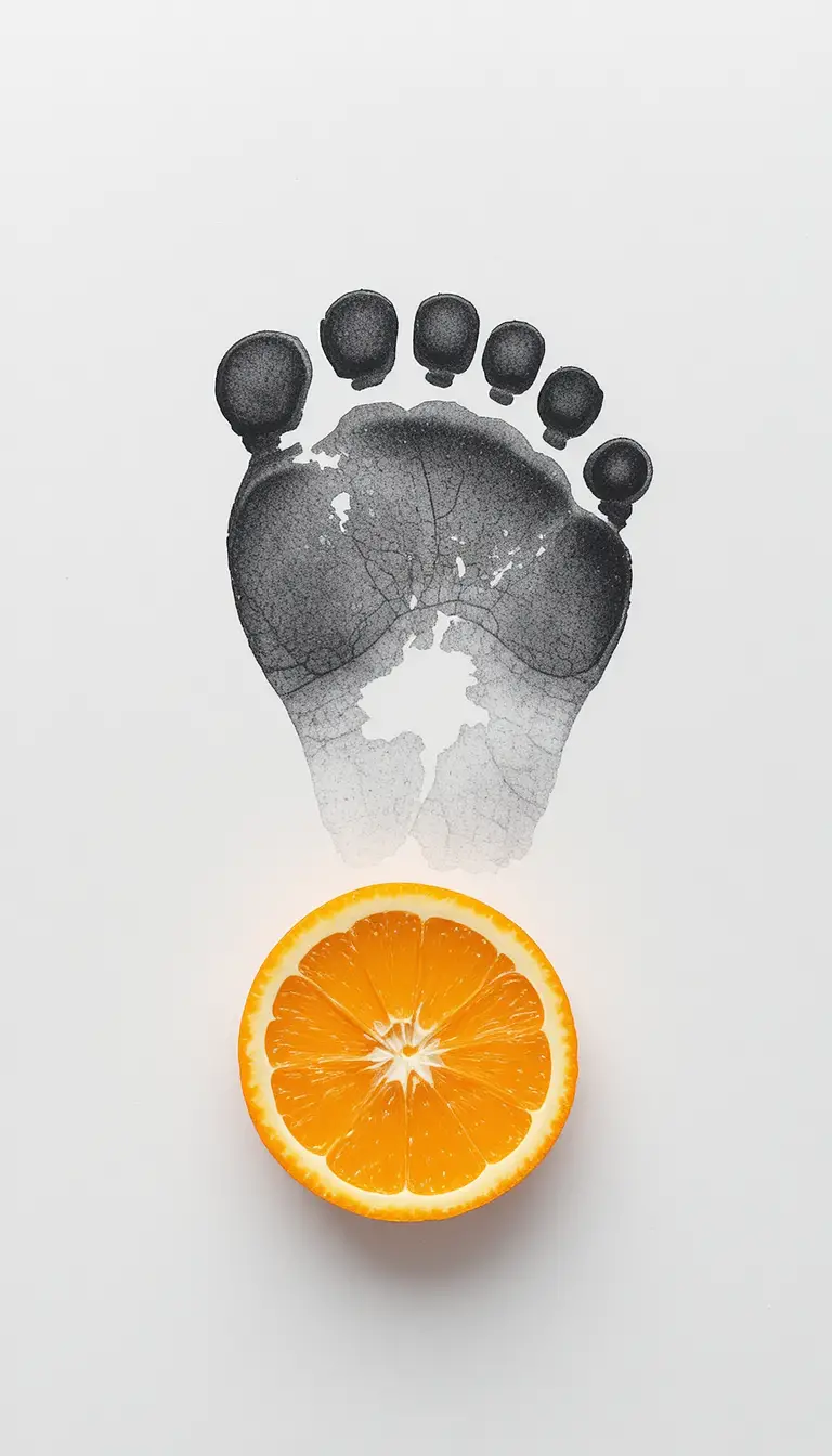 Minimalistischer Baby-Zehenabdruck über einer saftigen Orangenscheibe