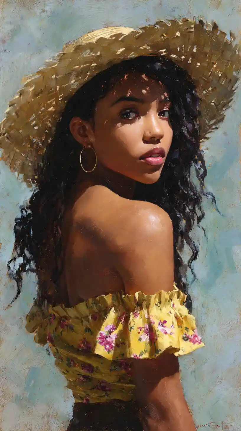 Young woman in straw hat turning back over her shoulder