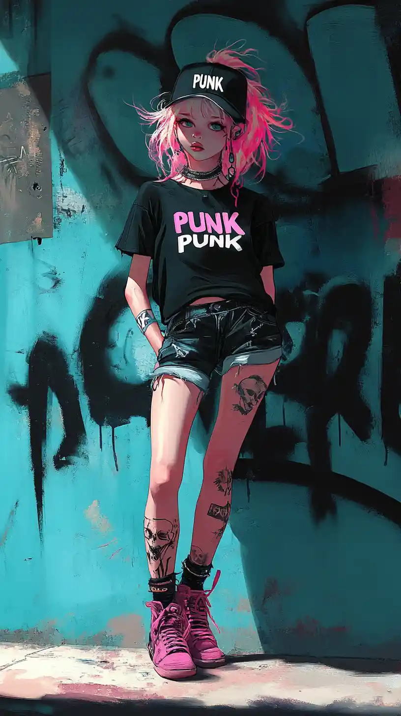 Punk anime girl in neon alley blowing pink bubblegum