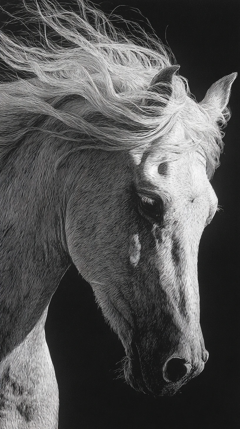 White arabian horse close up in scratchboard illustration