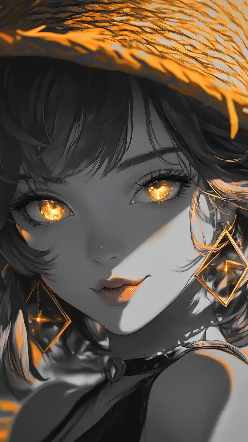 Anime girl in golden straw hat with glowing eye portrait