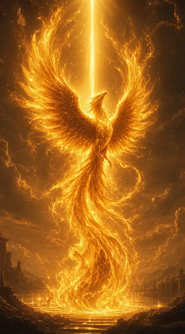 Radiant phoenix rising in a vertical beam of golden light