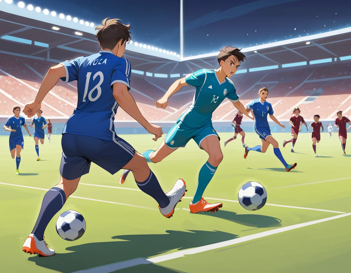 Soccer player sprinting down the pitch with the ball