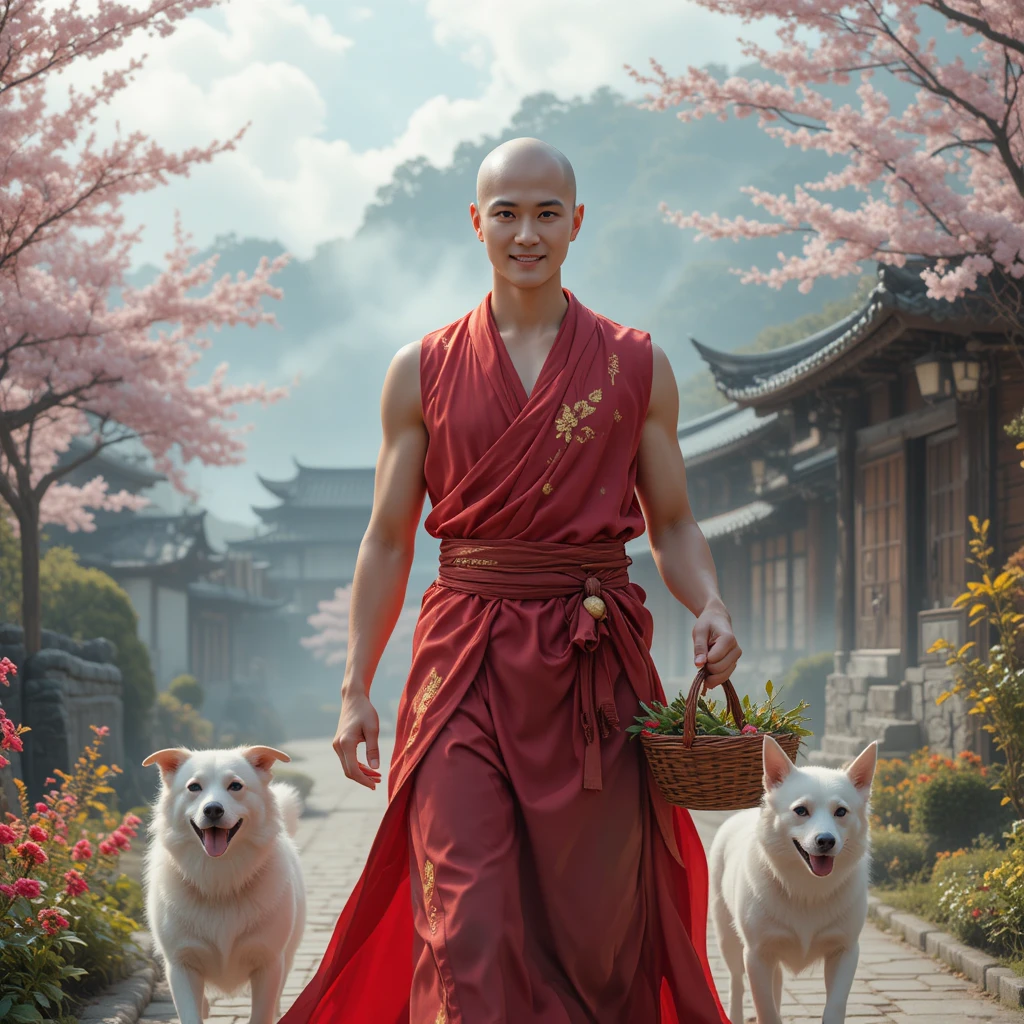 Ethereal young priest walking through spring village with dogs