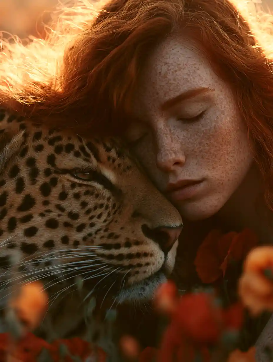 Chica pelirroja descansando con un leopardo en un campo de amapolas