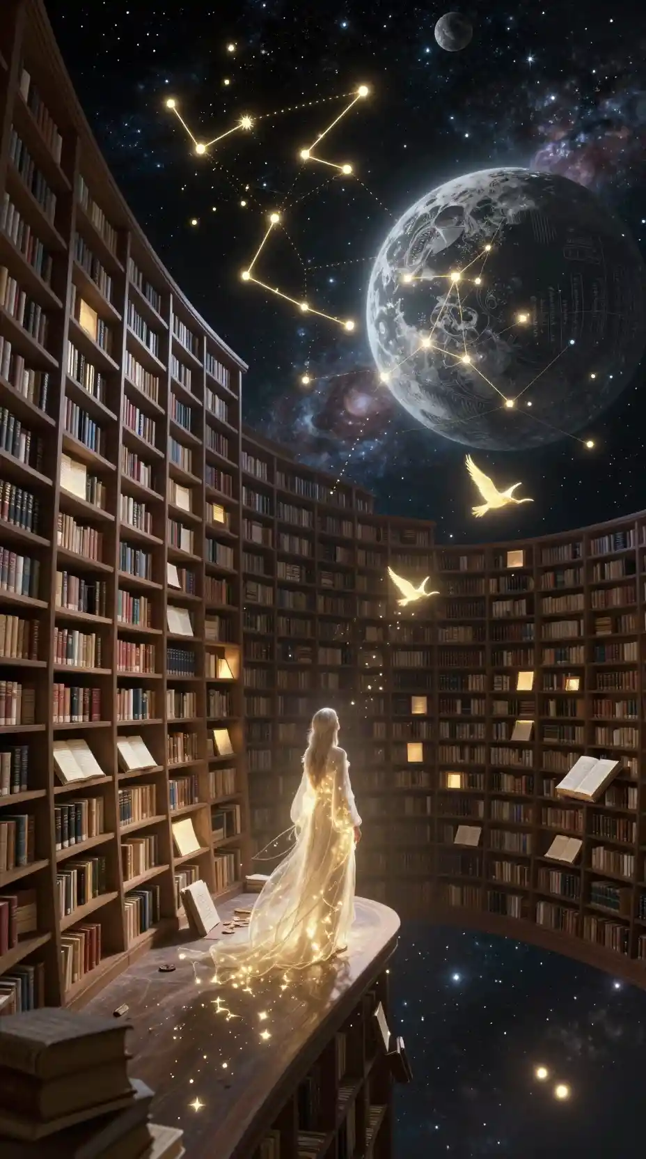 Celestial library floating in deep cosmic space