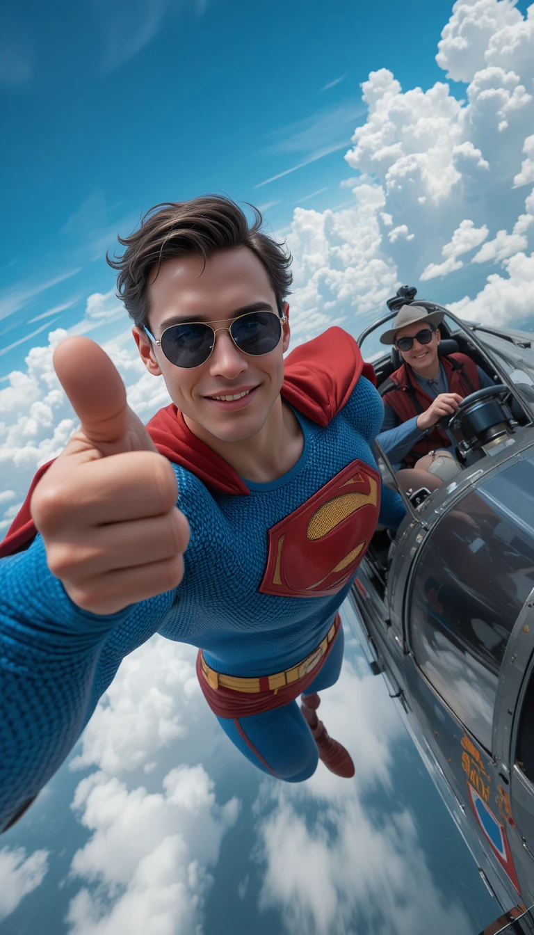 Smiling superhero flying beside vintage airplane in blue sky