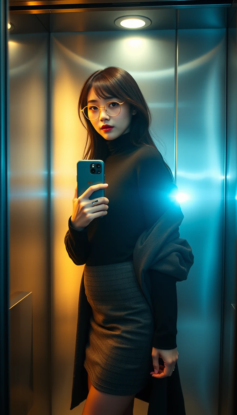 Elegant woman taking a lonely mirror selfie in an elevator