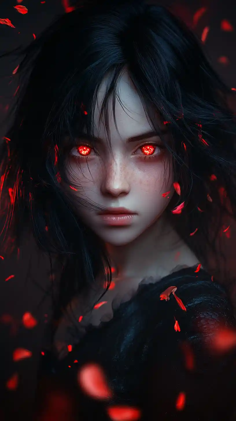 Anime girl with glowing red eyes in floating embers